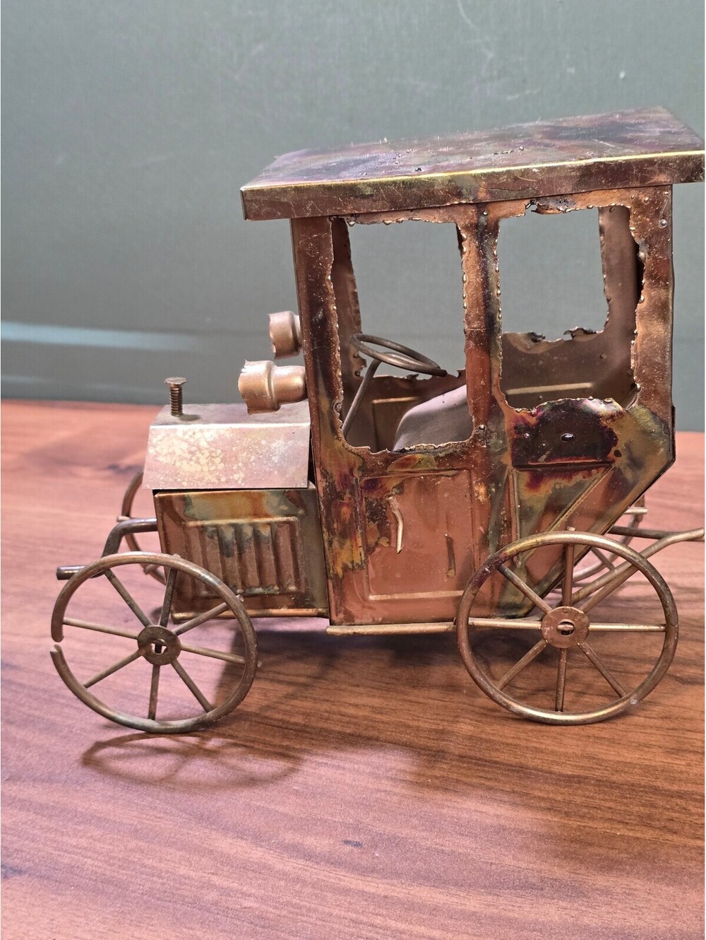 Vintage Metal Copper Model T Car Music Box Mid Century Brutalist Jalopy Art